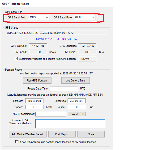 GPS Position Report dialog box in Winlink Express, after GPS is recognized and satellite-synchronized